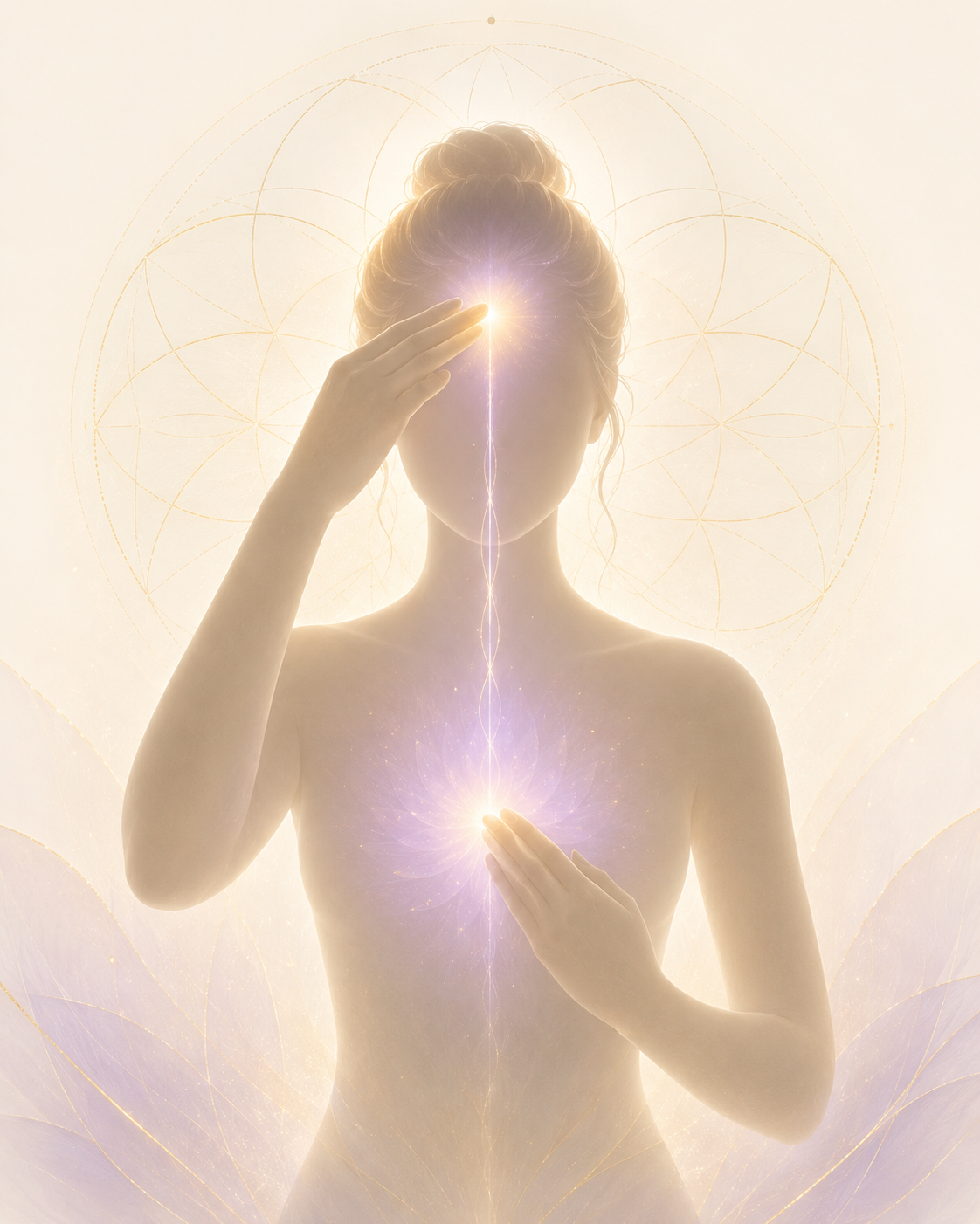 Ilustração da técnica Eu Sou União & Unidade: mãos na testa e no centro do peito, com luz dourada e lavanda unindo os centros